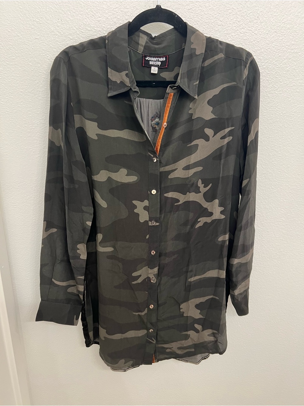 Johnny Was Green and Gray Camo Button-Up Tunic